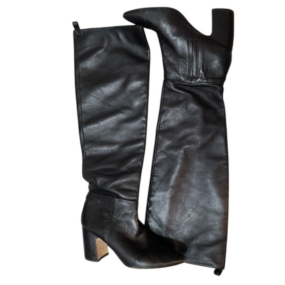 Sam Edelman Tall Black Leather Boots Over Knee Block Heel Pointed Toe Goth 7.5